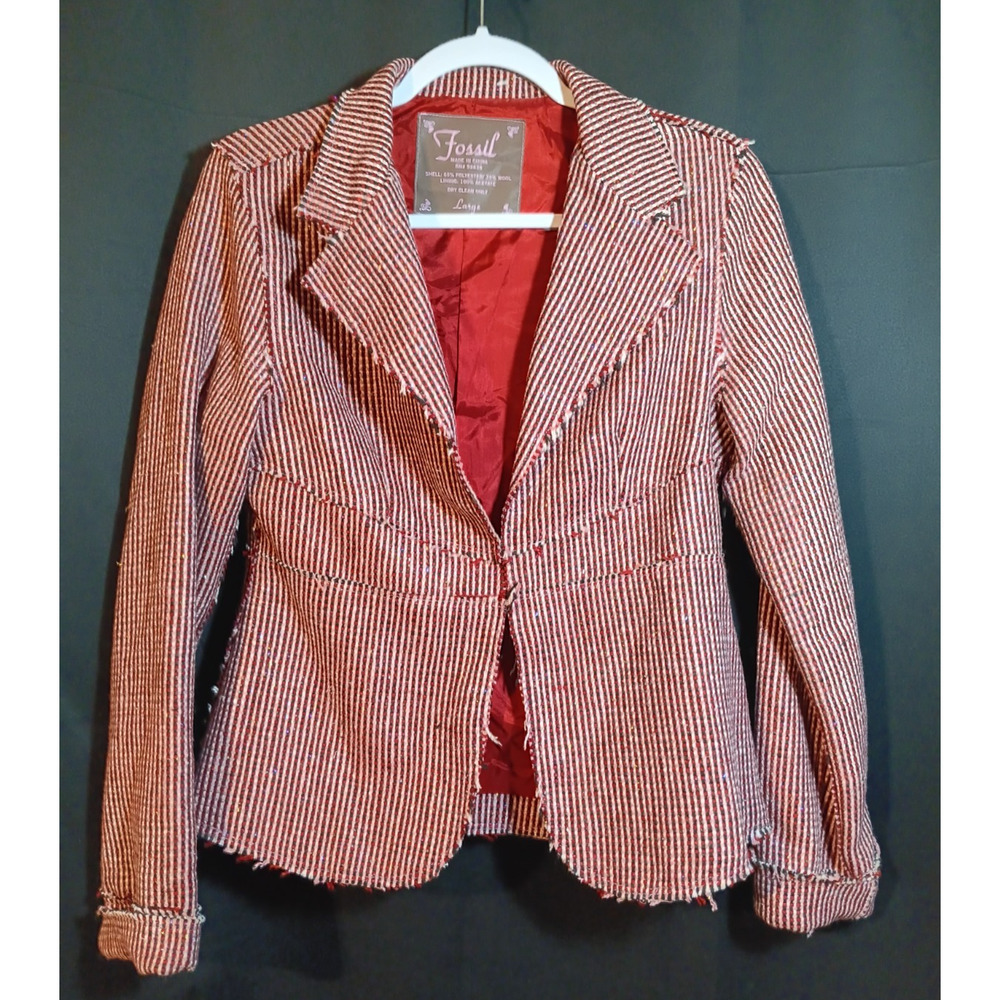 Fossil Womens Large Wool Blend Tweed Blazer Red Pink Gingham Y2K Preppy - Picture 2 of 7